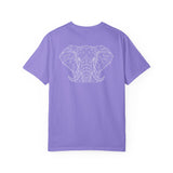 Gray elephant graphic T-shirt featuring geometric animal design and the phrase "Thick Skin. Soft Heart." from Printify.