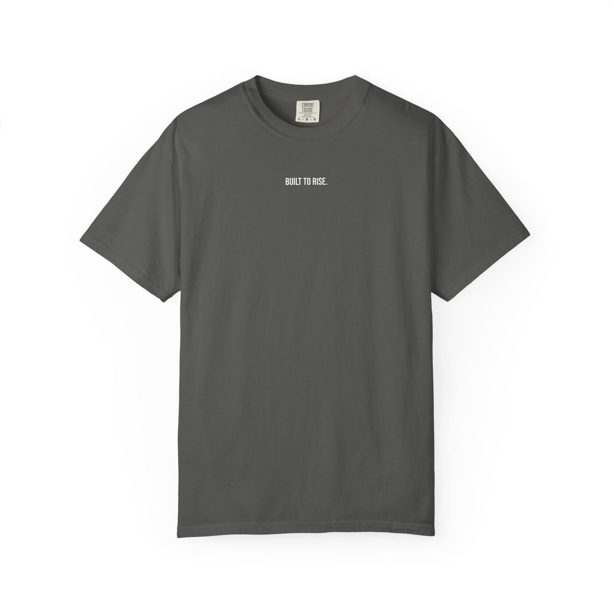 Black Peak Tee T-shirt with "Built to Rise." slogan from the Nature Series by Printify, shown on a plain background.