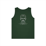 N. Tesla Tank Top featuring the quote "Think in Terms of Energy, Frequency and Vibration" from the Visionaries Series, printed on a stylish tank top.