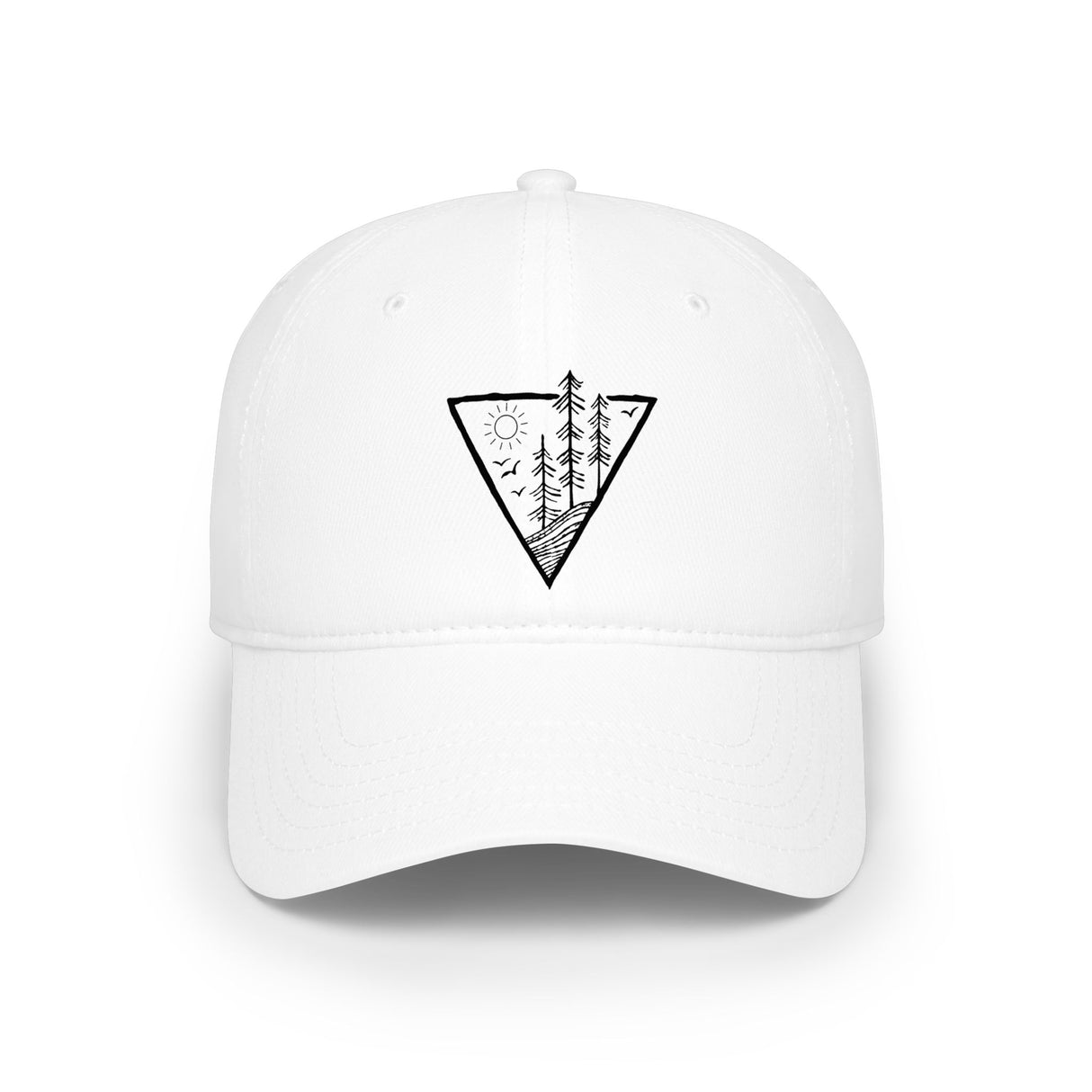 Forest green baseball cap with "Deep Roots. High Rise." embroidery from the Nature Series by Printify, featuring a curved brim and adjustable strap.