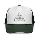 Road trip trucker hat from the Nature Series by Printify with "Nowhere to Be. Everywhere to Go." slogan on front.