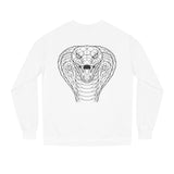 Cobra Sweatshirt by Printify featuring geometric animal design and the quote "Patience is the Deadliest Weapon."