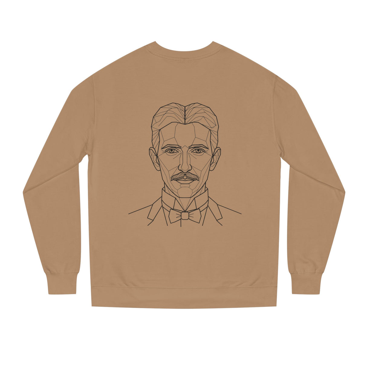 N. Tesla sweatshirt from the Visionaries Series by Printify featuring the quote "Think in Terms of Energy, Frequency and Vibration."