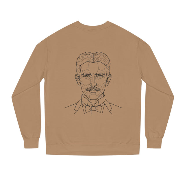 N. Tesla sweatshirt from the Visionaries Series by Printify featuring the quote "Think in Terms of Energy, Frequency and Vibration."