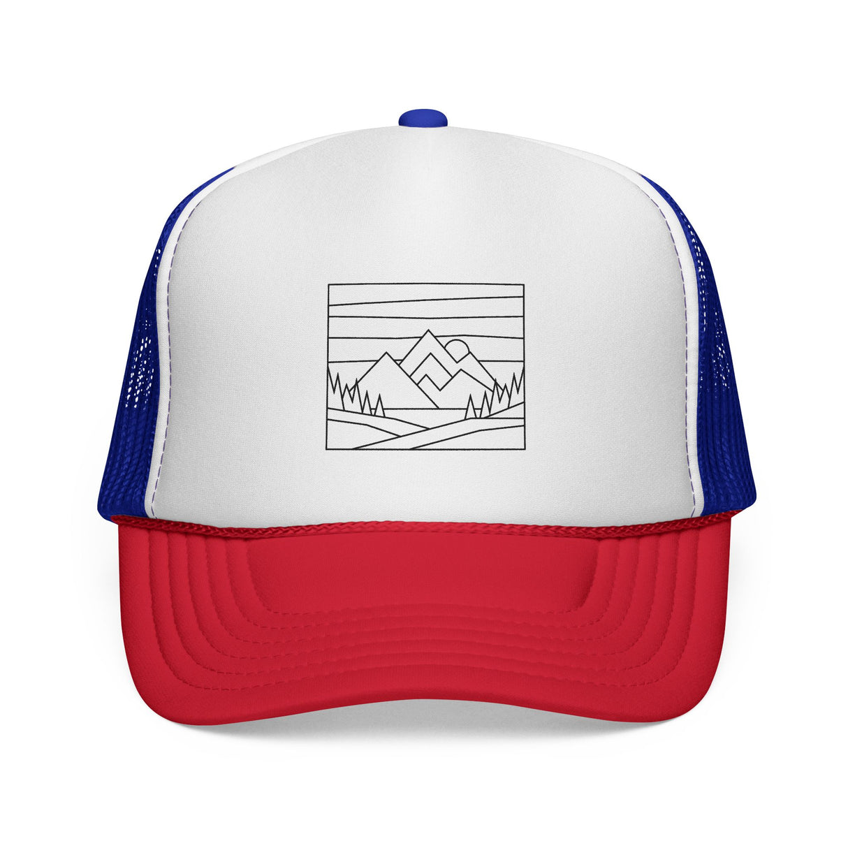 Printify Mountain Trucker Hat from the Nature Series with a curved brim and adjustable snapback featuring "Built by Nature. Shaped by Choice." text.