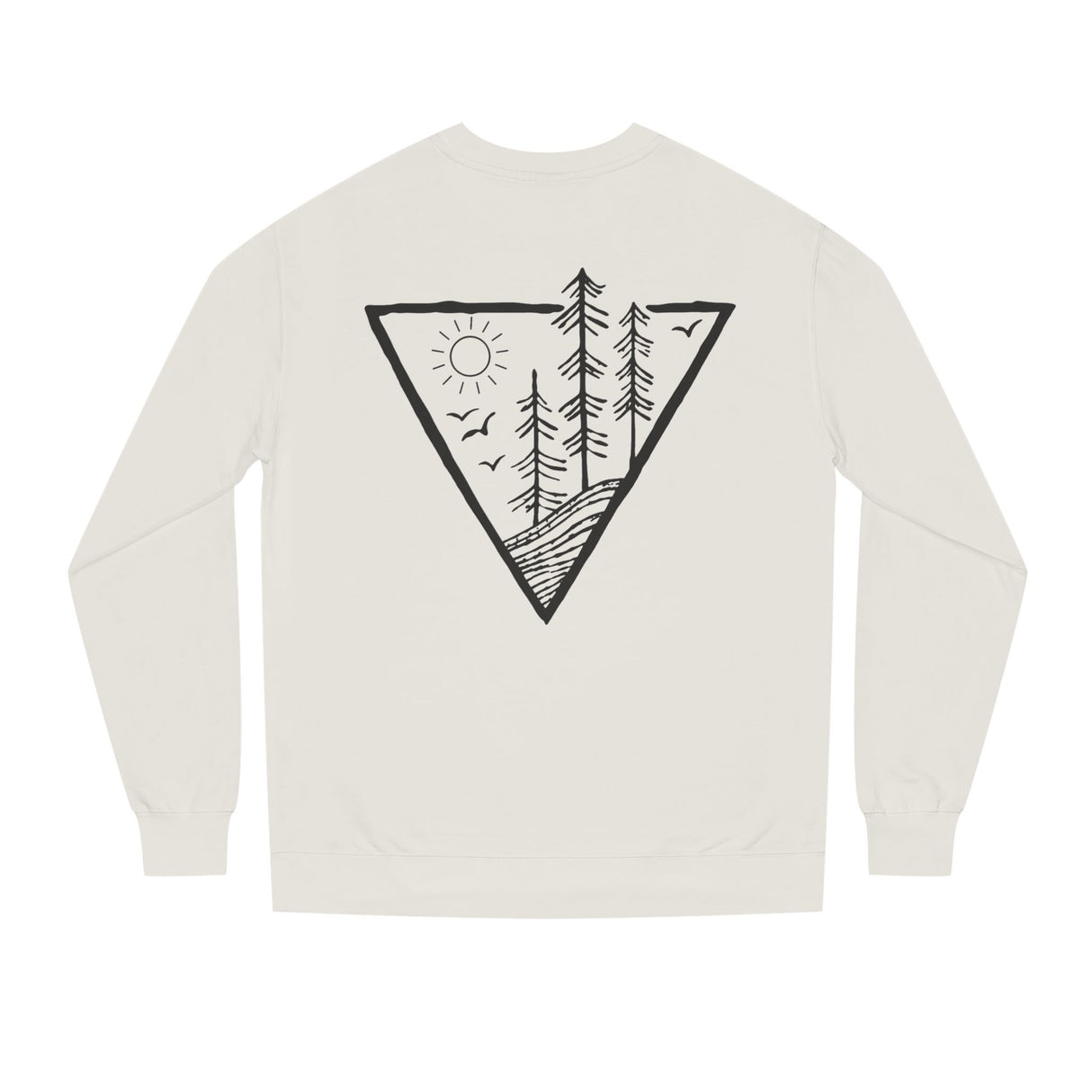 Forest Sweatshirt from Printify's Nature Series featuring deep roots and high rise design, displayed on a hanger with forest background.