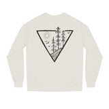Forest Sweatshirt from Printify's Nature Series featuring deep roots and high rise design, displayed on a hanger with forest background.