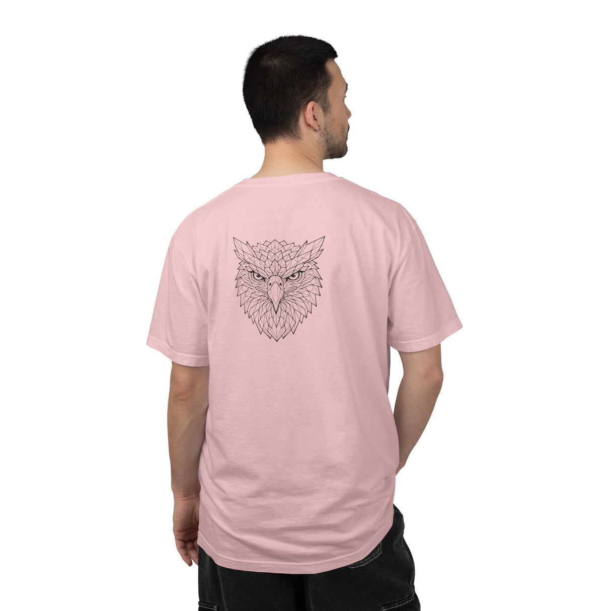 Black Eagle Graphic T-Shirt from Printify's Geometric Animal Series with "Rise Above Everything" slogan on the front.