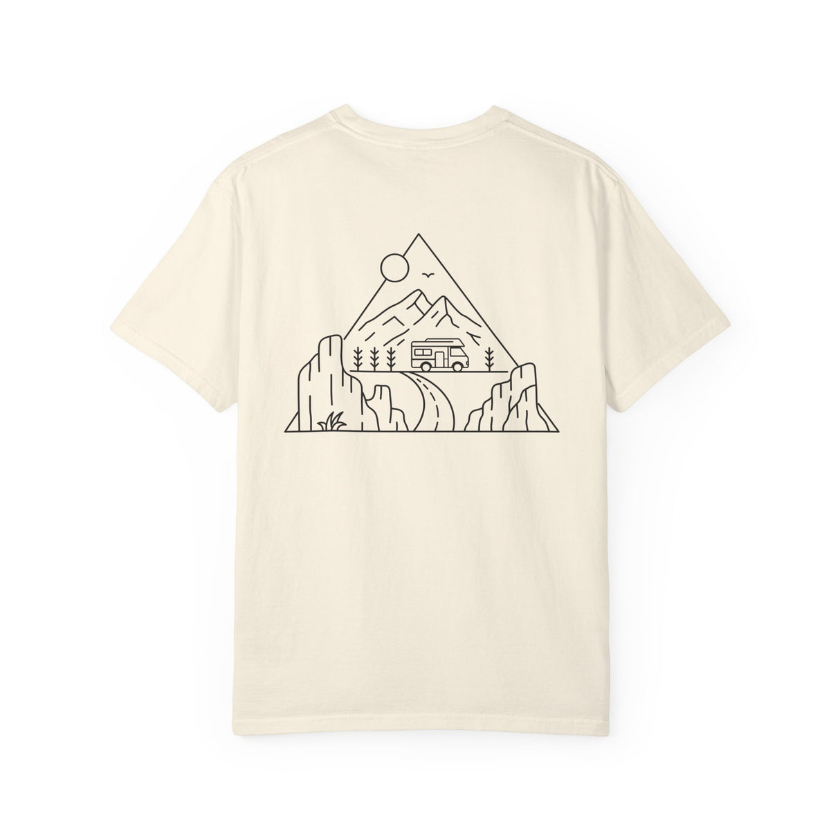 Printify Road Trip T-shirt from the Nature Series featuring the quote "Nowhere to Be. Everywhere to Go." displayed on a casual tee.