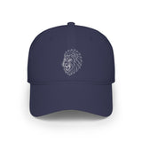 Lion-themed baseball cap featuring geometric animal design and the phrase "King Is a Standard. Not a Title." in black and white.