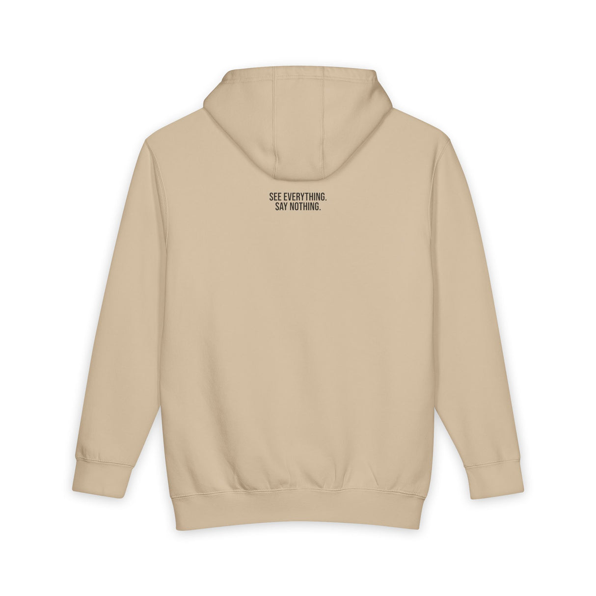 Gray owl hoodie from the Geometric Animal Series by Printify featuring an owl graphic and the phrase "See Everything. Say Nothing."