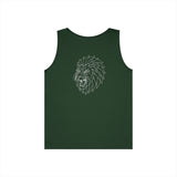 Lion Tank Top from Printify featuring geometric lion design and the phrase "King Is a Standard. Not a Title." on a casual sleeveless shirt.