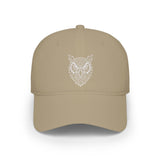 Beige cap with a white owl design on a white background