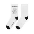Lion geometric crew socks with all-over print featuring a bold lion graphic and the phrase "King Is a Standard Not a Title" by Printify.
