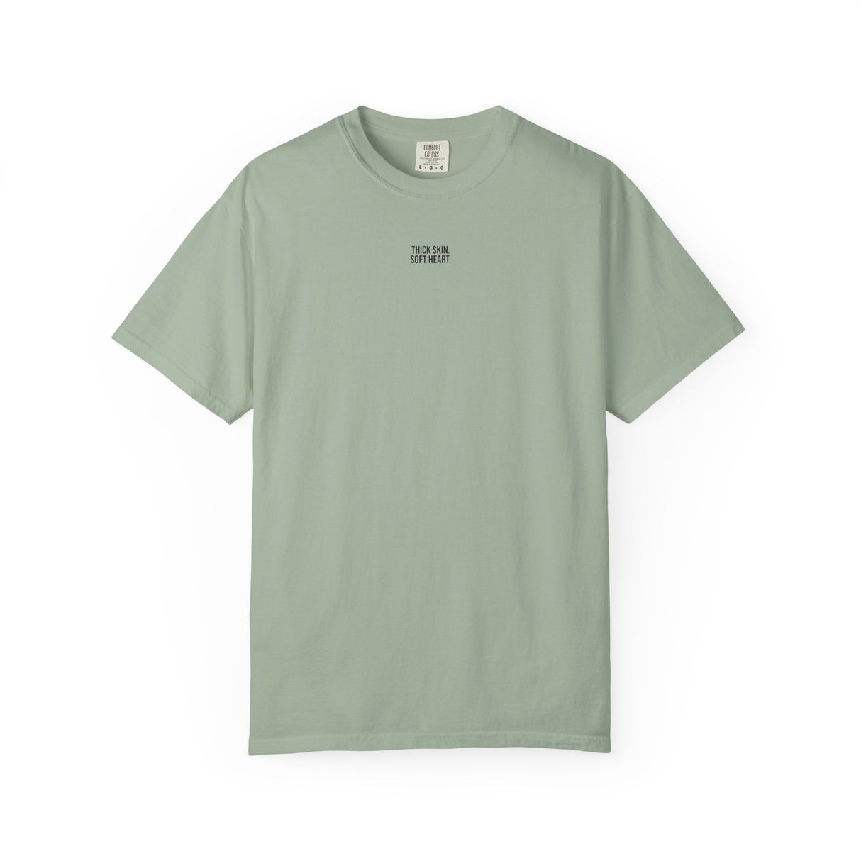 Gray elephant graphic T-shirt from Printify featuring geometric animal design and the text "Thick Skin. Soft Heart."