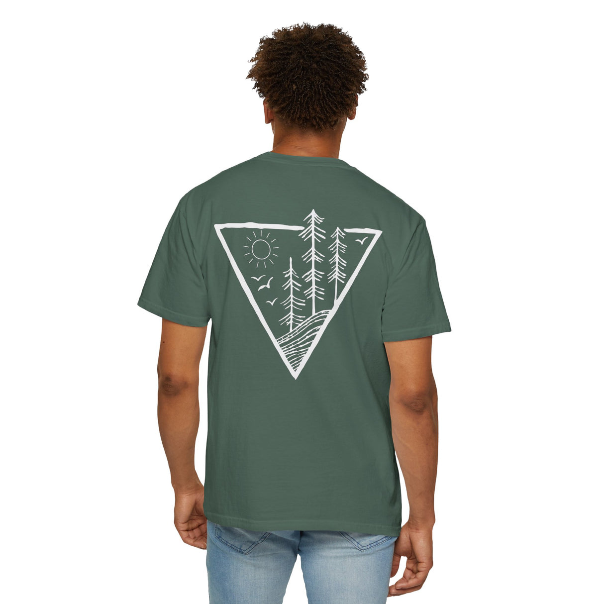 Forest Tee T-shirt from Printify's Nature Series featuring "Deep Roots. High Rise." design with forest imagery on the front.