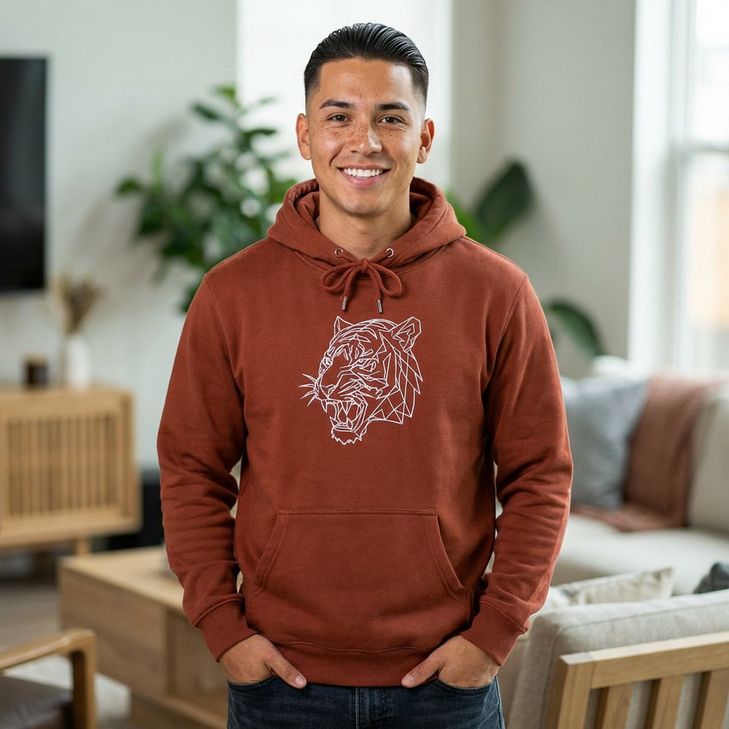 Man wearing a brown hoodie with a tiger design in a living room.