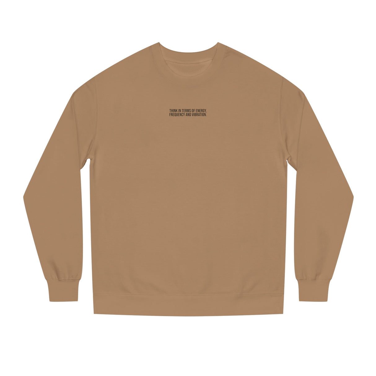 N. Tesla sweatshirt featuring the quote "Think in Terms of Energy, Frequency and Vibration" from the Visionaries Series, made by Printify.