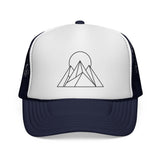 Printify Peak Trucker Hat from the Nature Series with "Built to Rise" slogan, featuring mesh back and adjustable snap closure.