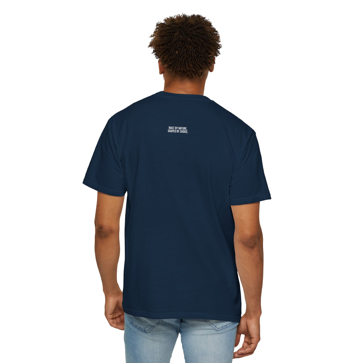 Printify Mountain Tee T-shirt featuring "Built by Nature. Shaped by Choice." text from the Nature Series, shown on a casual fit tee.