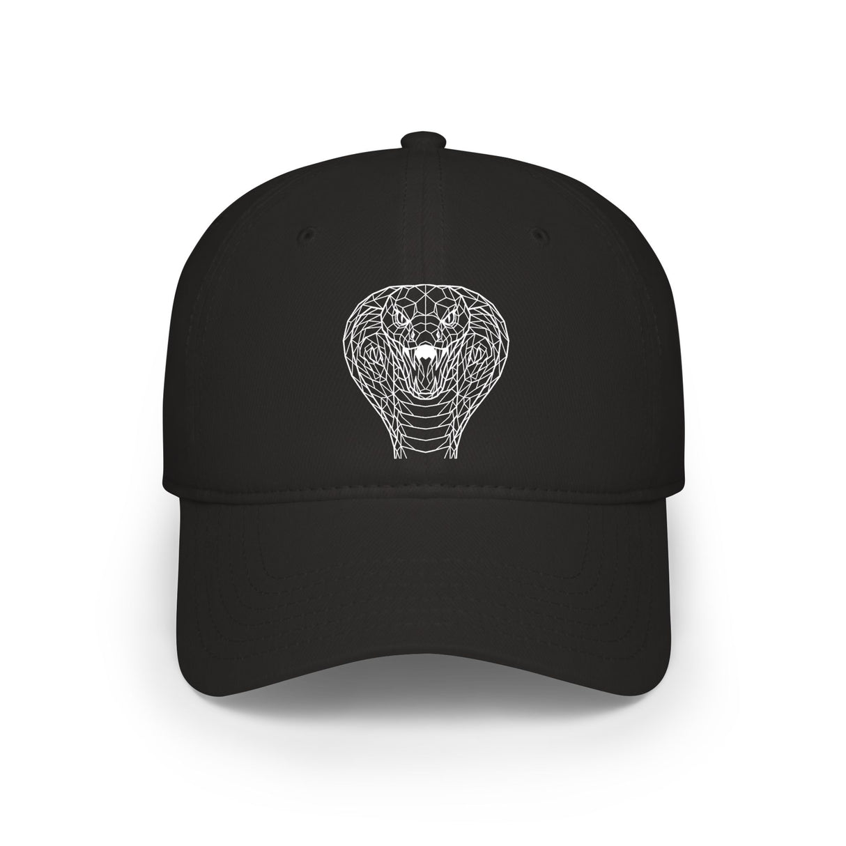Cobra Baseball Cap by Printify featuring geometric animal design and the quote "Patience is the Deadliest Weapon."
