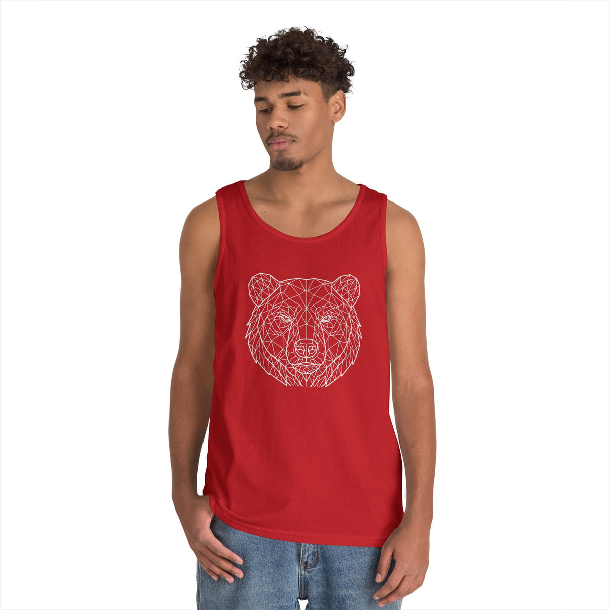 Gray Bear Tank Top from Printify's Geometric Animal Series featuring "Unbothered. Unmoved. Undefeated." design.