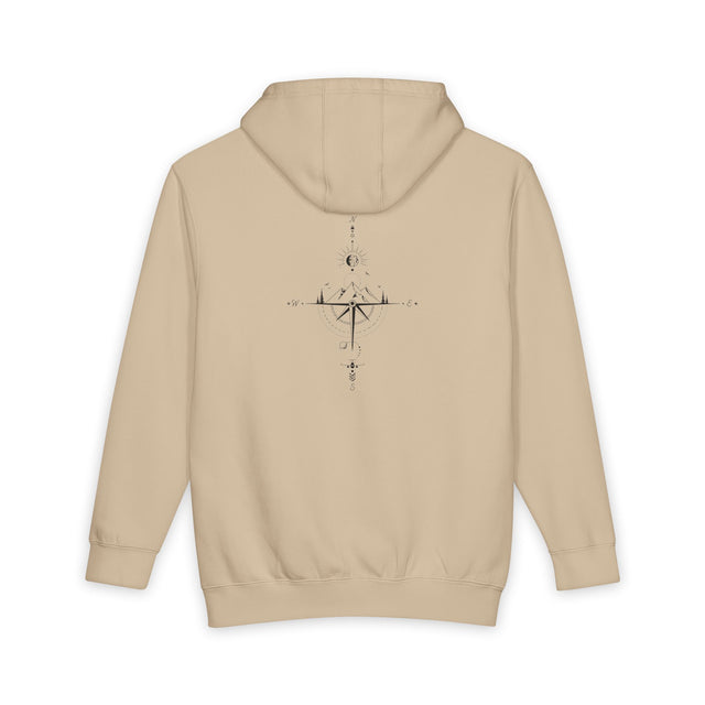 Minimal Compass Hoodie by Printify featuring a subtle nautical compass graphic on a comfortable pullover hoodie.