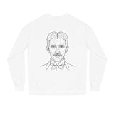 N. Tesla sweatshirt featuring the quote "Think in Terms of Energy, Frequency and Vibration" from the Visionaries Series, made by Printify.