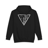 Black hoodie with a white geometric design on the back against a white background