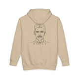 N. Tesla hoodie featuring the quote "Think in Terms of Energy, Frequency and Vibration" from the Visionaries Series by Printify.
