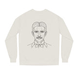 N. Tesla sweatshirt featuring the quote "Think in Terms of Energy, Frequency and Vibration" from the Visionaries Series, printed by Printify.