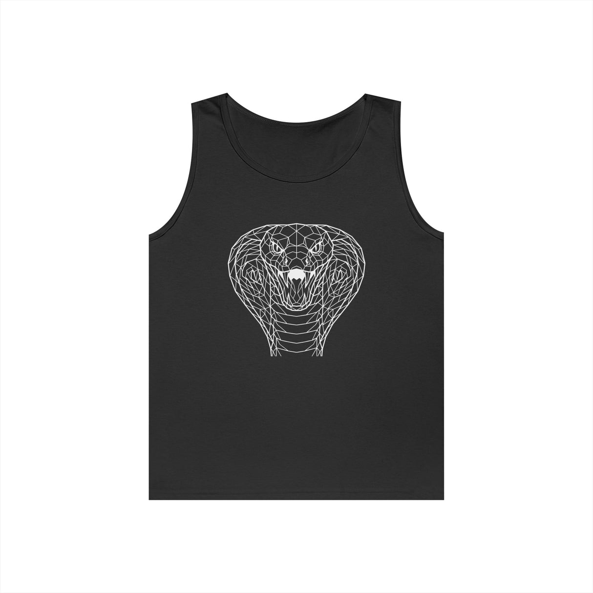 Cobra Tank Top from Printify's Geometric Animal Series featuring a bold cobra graphic and the phrase "Patience is the Deadliest Weapon."