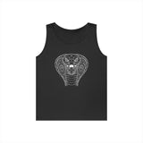 Cobra Tank Top from Printify's Geometric Animal Series featuring a bold cobra graphic and the phrase "Patience is the Deadliest Weapon."