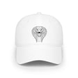 Cobra baseball cap with geometric animal design and "Patience is the Deadliest Weapon" slogan, in a casual hat style by Printify.