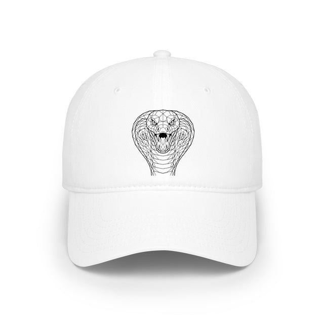Cobra baseball cap with geometric animal design and "Patience is the Deadliest Weapon" slogan, in a casual hat style by Printify.