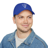 Forest-themed baseball cap by Printify featuring "Deep Roots. High Rise." logo, made of durable fabric, with a curved brim.