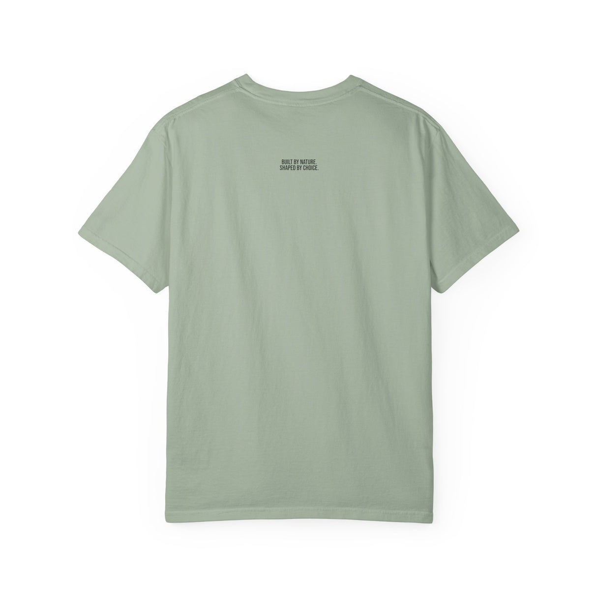 Mountain Tee T-shirt from the Nature Series by Printify featuring outdoor mountain graphics and the slogan "Built by Nature. Shaped by Choice."
