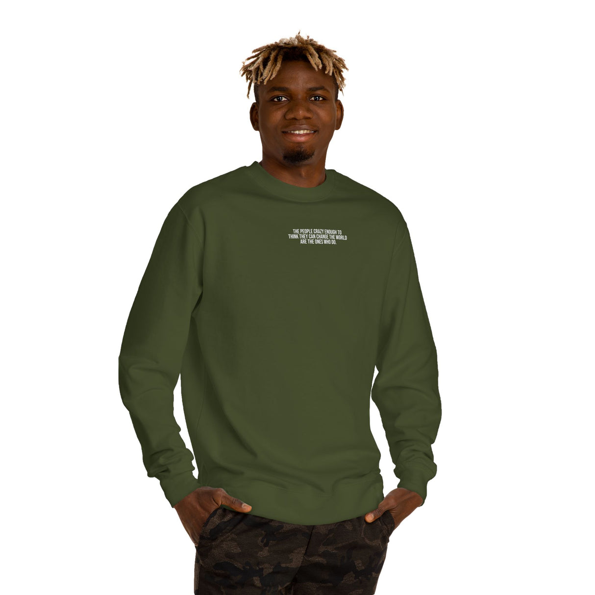 Printify S.J. Sweatshirt featuring the quote "The people crazy enough to think they can change the world are the ones who do" from Visionaries Series.