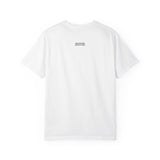 White t-shirt with a small black logo on the back against a white background