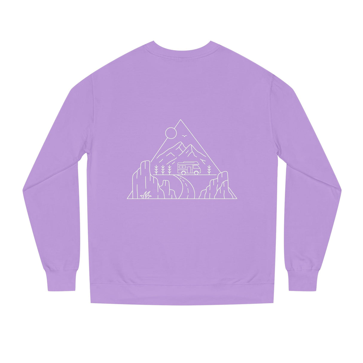 Gray Road Trip sweatshirt from the Nature Series by Printify, featuring the phrase "Nowhere to Be. Everywhere to Go." printed on the front.