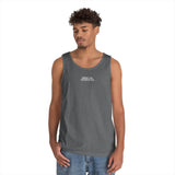 Gray road trip tank top from the Nature Series by Printify with the phrase "Nowhere to Be. Everywhere to Go." printed on front.