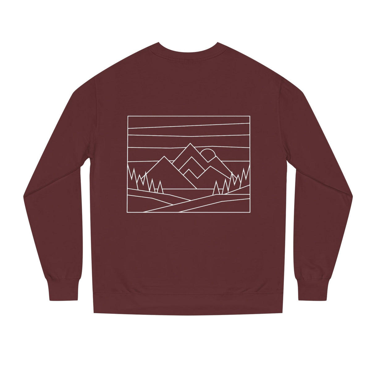 Printify Mountain Sweatshirt from the Nature Series with "Built by Nature. Shaped by Choice." printed on the front, shown on a model.