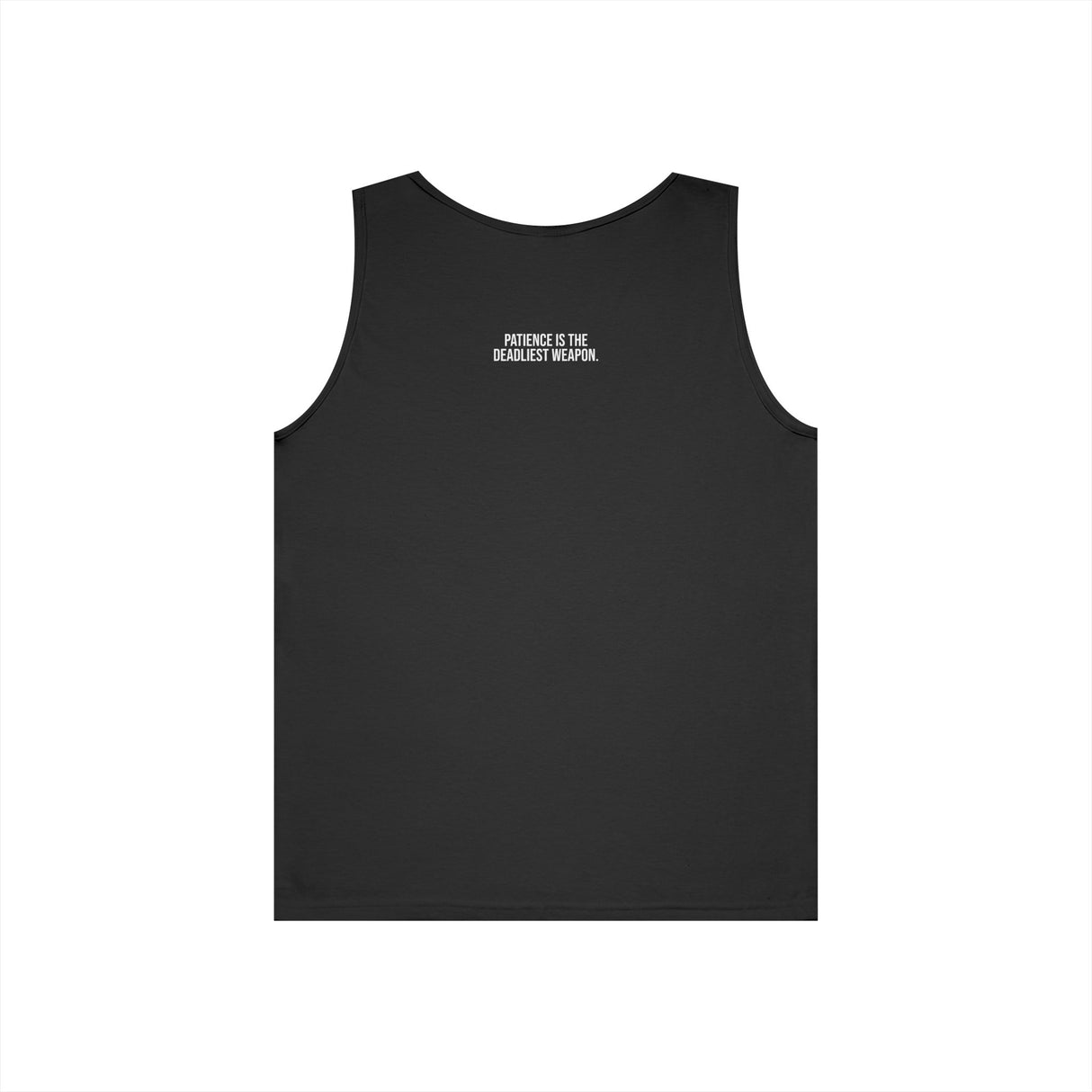 Black Cobra Tank Top from Printify's Geometric Animal Series with "Patience is the Deadliest Weapon" text.