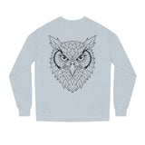 Gray owl sweatshirt from the Geometric Animal Series featuring "See Everything. Say Nothing." print, by Printify.