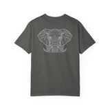 White printify Elephant Graphic T-Shirt featuring geometric elephant design and the phrase "Thick Skin. Soft Heart."