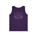Light gray mountain-themed tank top from the Nature Series by Printify, featuring a subtle mountain graphic and the slogan.