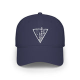 Forest-themed baseball cap from Printify's Nature Series with "Deep Roots. High Rise." logo, featuring a green leaf design.