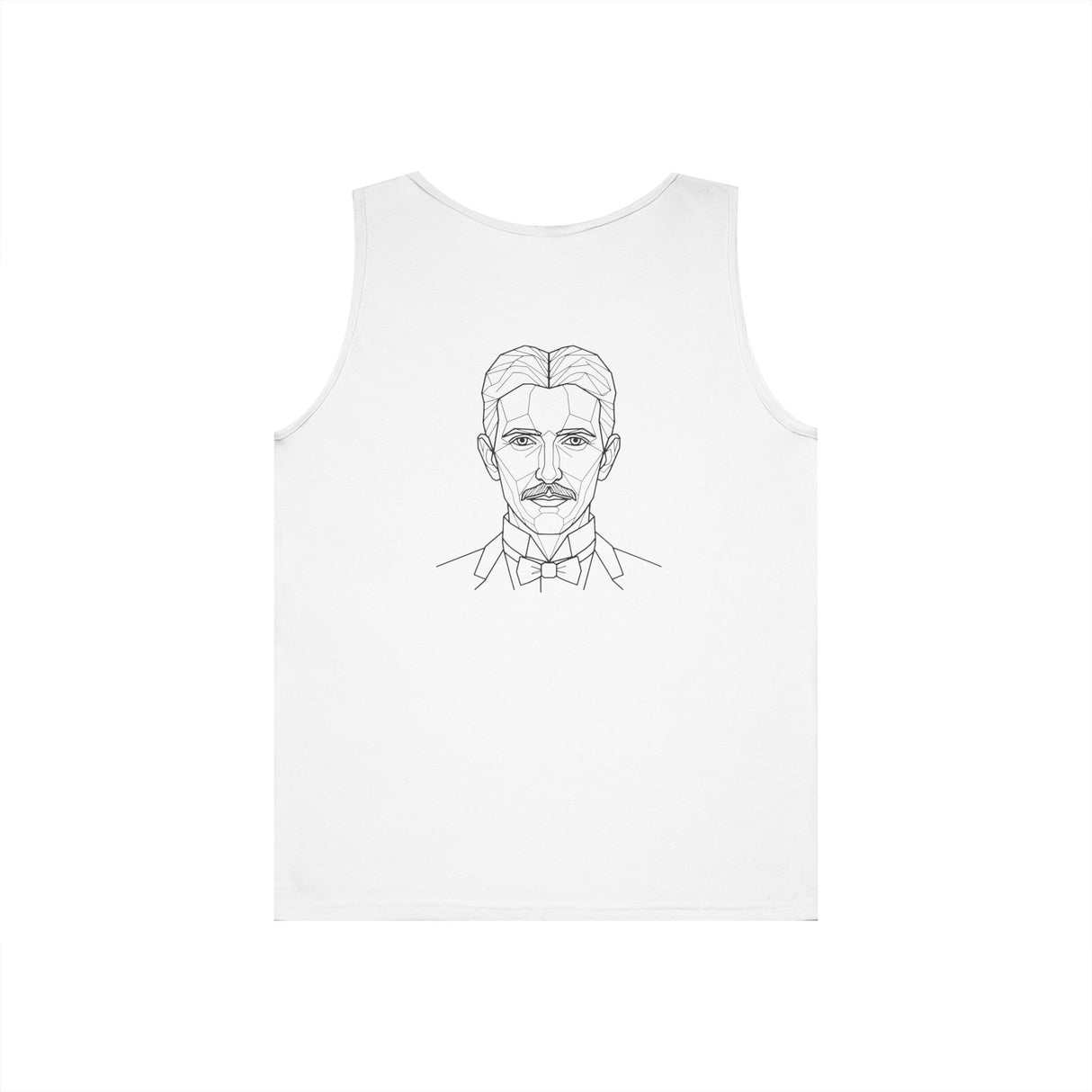 N. Tesla tank top from Visionaries Series featuring energy, frequency, and vibration quote, made by Printify in black fabric.