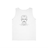 N. Tesla tank top from Visionaries Series featuring energy, frequency, and vibration quote, made by Printify in black fabric.
