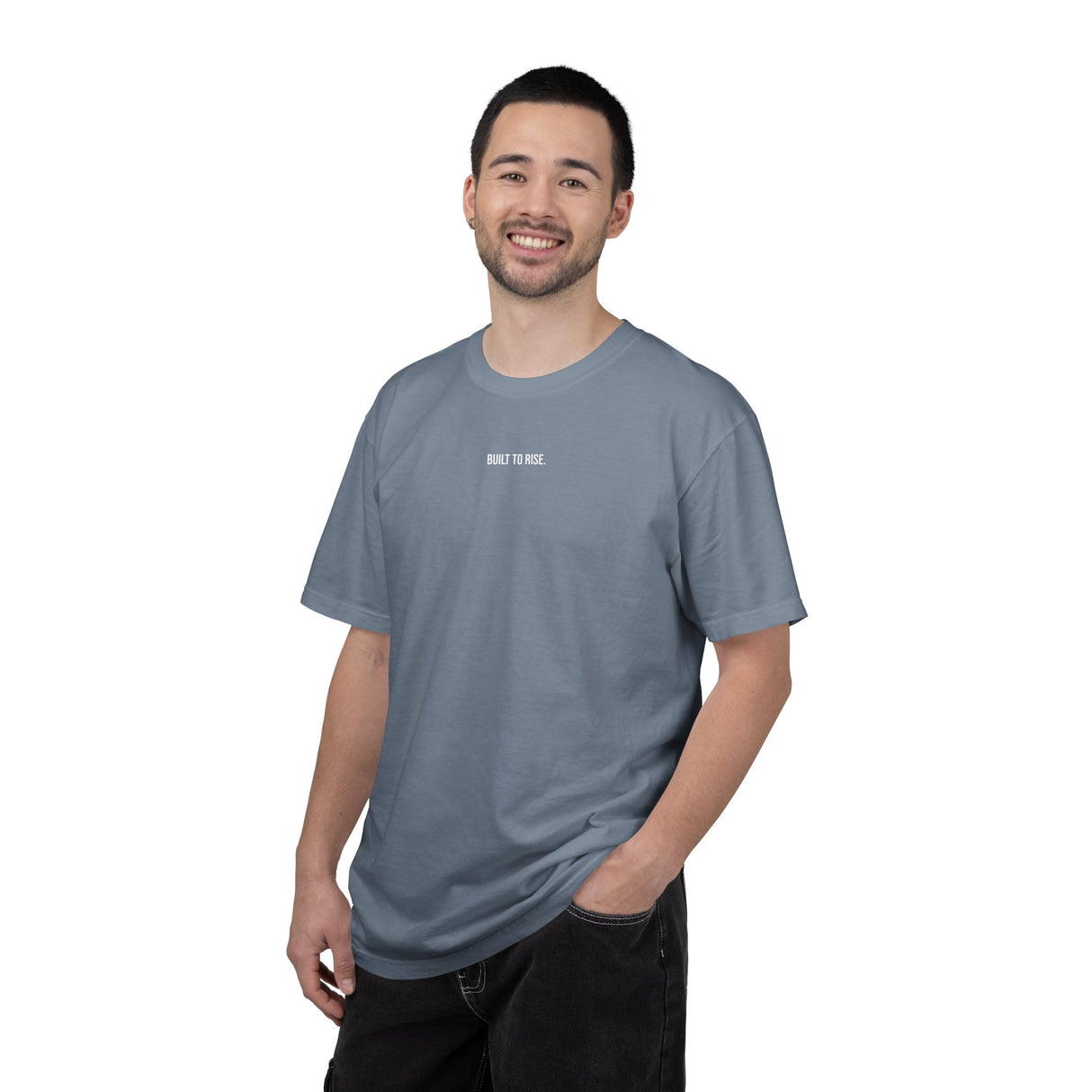 Men's Peak Tee T-shirt from Printify's Nature Series with "Built to Rise" slogan, featuring a natural-themed design.